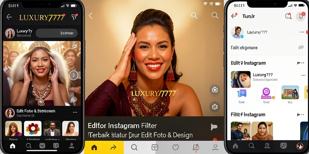 Antarmuka pengguna LUXURY777 dengan berbagai pilihan filter Instagram.